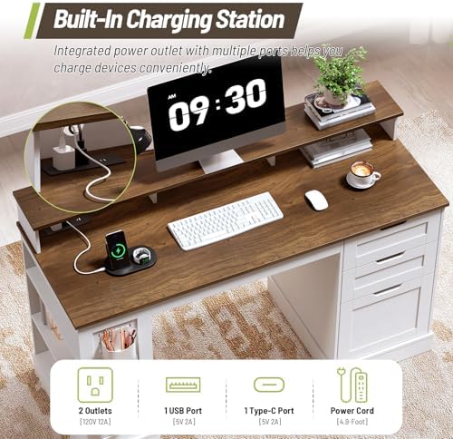 55-inch Farmhouse Executive Desk with 2 Drawers and File Cabinet, Computer Desk with 3-Tier Storage Shelves, Home Office Desk with Charging Station, Pegboard & Monitor Shelf, White and Walnut