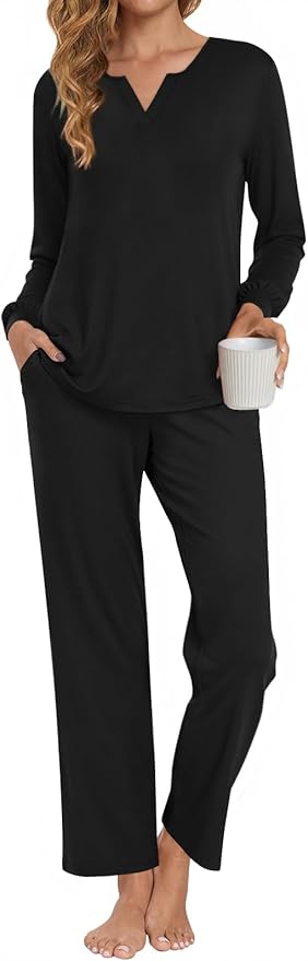 Anyally Women's Plus Size Pajama Sets Ladies Fall Pjs 2 Pieces Lounge Outfits V Neck Long Sleeves Sleepwear with Pockets