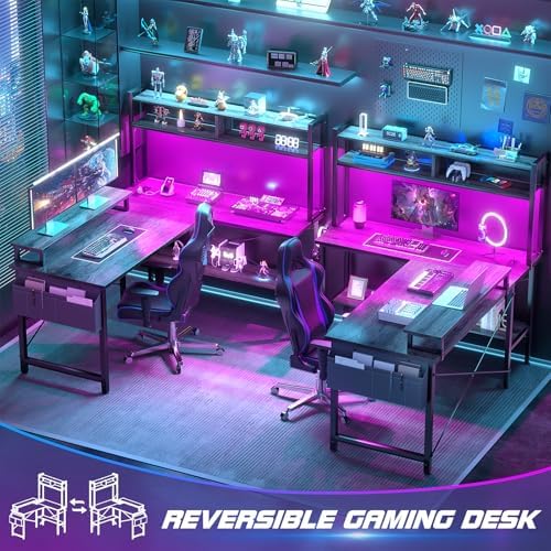 Aheaplus L Shaped Gaming Desk with Power Outlets & LED Lights, Black Oak