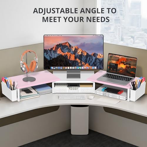 OPNICE Desk Organizers and Accessories, Dual Monitor Stand Riser with Drawer and 2 Pen Holders, Desk Shelf Computer Racks for Office Workspace Organizers, Desktop Organization (Pink-White)