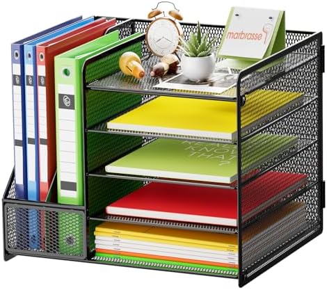 Marbrasse Desk Organizer with File Holder, 5-Tier Paper Letter Tray Organizer, Mesh Desk Organizers and Accessories with Magazine Holder, Desktop Storage for Office Supplies (Black)