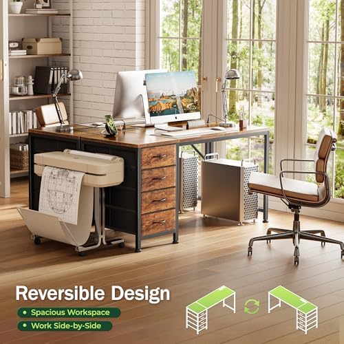 PRAISUN 47.2 Inch Computer Office Desk with Power Outelts and USB-C Port, Reversible Gaming Desk with 4 Fabric Drawers, Work Study Desk Work from Home, Rustic Brown