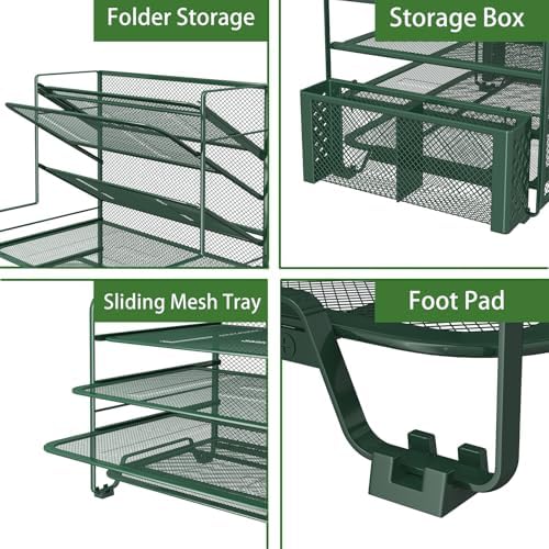 Simple Trending 7 Tier Desk File Organizer, Letter Tray Paper Organizer with Pen Holder and Metal Hanging Basket, Green