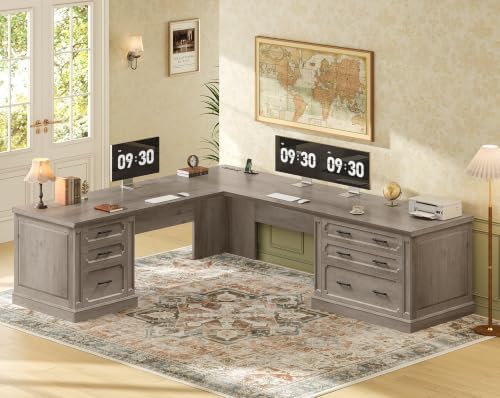 SEDETA Farmhouse 78.8" L Shaped Desk with 6 Drawers, Home Office Desk with Power Outlet, File Cabinet Storage, Wood Corner Computer Desk for Work and Study, Gray