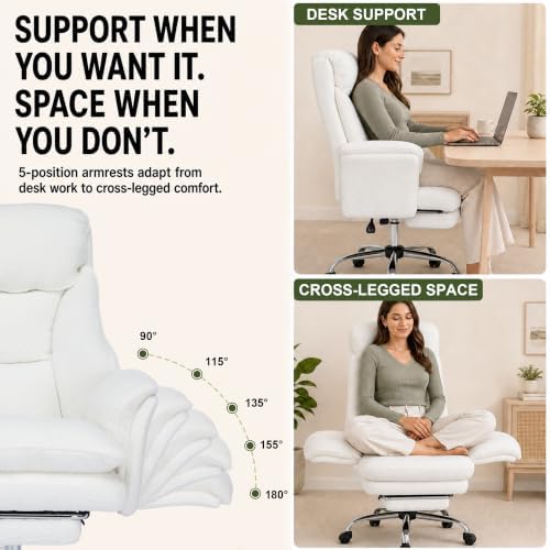 Criss Cross Office Chair with Wheels,Flip-Up Arms and Footrest, White