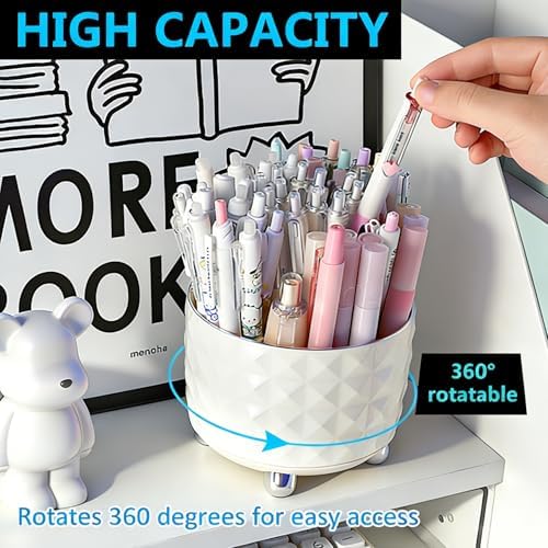 GOTOBA 360° Rotating Pencil Holder for Desk, Makeup Brush Holder with 6 Slots, Desk Organizer for Writing Utensil, Office and School Supplies (Milky White)
