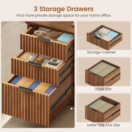 SEDETA Fluted 70.9" L Shaped Desk with Drawers, Fluted Brown