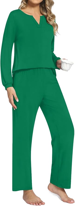 Anyally Women's Plus Size Pajama Sets Ladies Fall Pjs 2 Pieces Lounge Outfits V Neck Long Sleeves Sleepwear with Pockets
