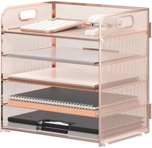 Supeasy 5 Trays Paper Organizer Letter Tray with Handle-Mesh Desk File Organizer, Paper Sorter Desk Organizer for Office, Home or School (Rose Gold)