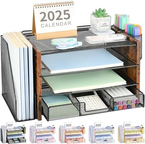 OPNICE Desk Organizer, 4-Tier Desktop File Organizer with Drawer and Pen Holders, Office Desk Accessories, File Sorters, Workspace Organizers for Office Supplies(Brown Wood)
