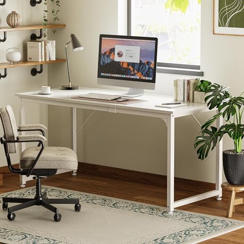 Huuger Computer Desk, 63 Inch Office Desk, Gaming Desk with Storage, Writing Desk Work Desk for Home Office, Study, Modern Simple Desk, Large Legroom, Metal Frame, White