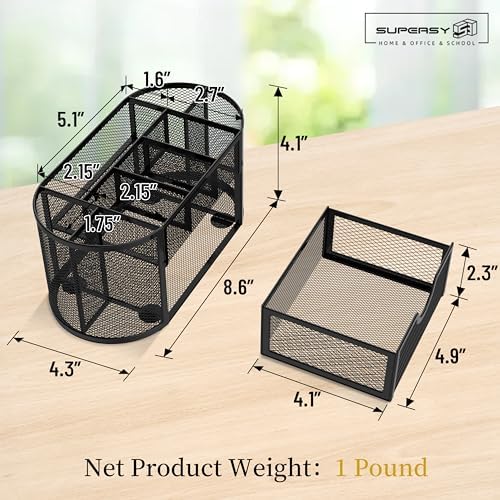 Mesh Desk Organizer with Drawer, 9-Compartment Pen Holder for Desk, Black