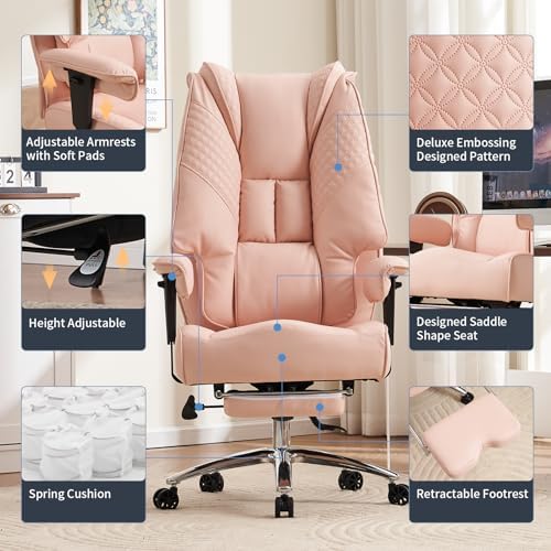 EXCEBET Big and Tall Office Chair 400lbs Wide Seat, Leather High Back Executive Office Chair with Foot Rest, Ergonomic Chairs Lumbar Support for Lower Back Pain Relief (Light Pink)