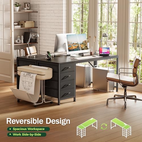 PRAISUN 55.1 Inch Computer Office Desk with Power Outelts and USB-C Port, Reversible Gaming Desk with 4 Fabric Drawers, Work Study Desk Work from Home, Black