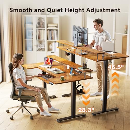 OffiGo 55 Inch U Shaped Standing Desk with Keyboard Tray, Rustic Brown