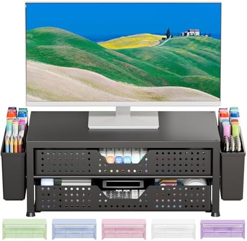 OPNICE Desk Organizer and Accessories, 2-Tier Computer Monitor Stand Riser with Drawer and 2 Pen Holders, Laptop Stand, Office Desk Accessories for Office Supplies, Matte Black