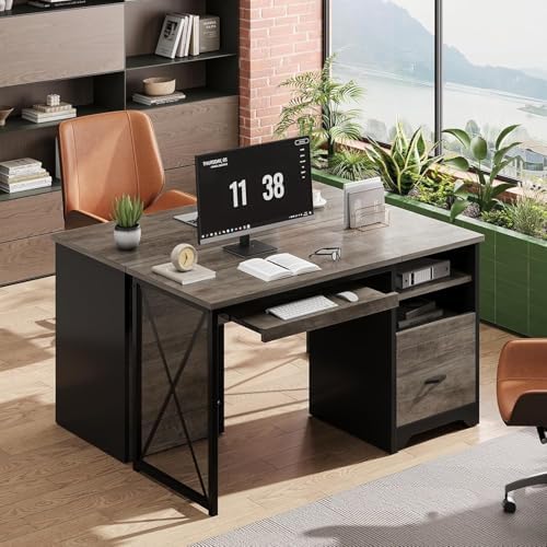 Bestier 47" Office Desk with Drawers, Industrial Computer Desk with Drawer, Reversible Teacher Desk with Storage & Keyboard Tray for Small Space Home Office & Studio, Gray Wash