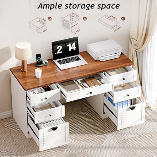 Ieejdn 59" Home Office Desks, Executive Desk, Farmhouse Computer Desk with 7 Drawers and Charging Station, File Drawer, Rustic Computer Writing Desk,Antique Cream
