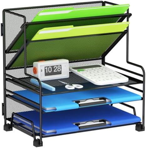 MINDEPOT 4-Tier Paper Organizer + 3-Pocket File Holder, Desktop File Organizers Paper Tray for Office School Classroom Workspace Organization (Black Desk Organizer, No Drawer & No Pen Holder)