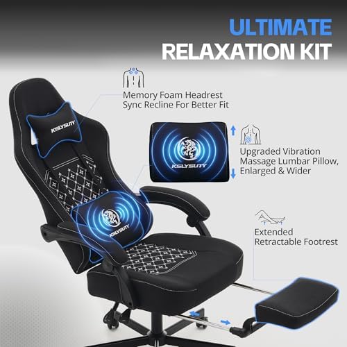 Desk Computer Gaming Chair - Ergonomic Game Office Chair with Extended Footrest and Massage Lumbar Support, Home Gamer Video Game Chairs with Spring Cushion for Adults (Pro Black Fabric)