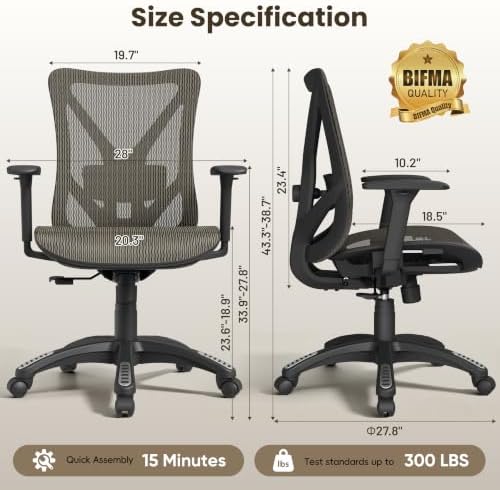 Ergonomic Office Chair, Mesh Computer Desk Chairs with BIFMA X5.1 Certified, Adjustable Lumbar Support, 3D Arm, Tilt Back, Wide Seat, Comfy Swivel Work Task Chair for Company and Home (Coffee Brown)
