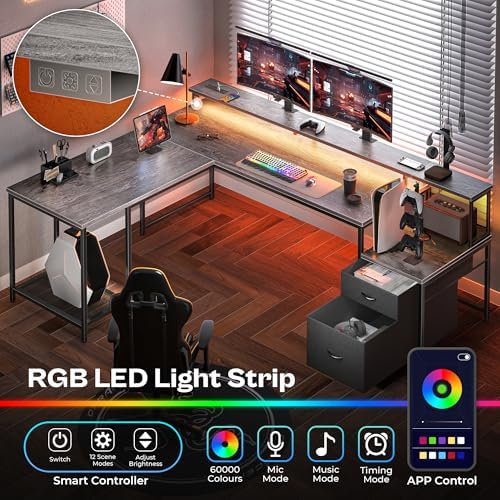 PRAISUN 66" L Shaped Gaming Desk with LED Lights & Power Outlets