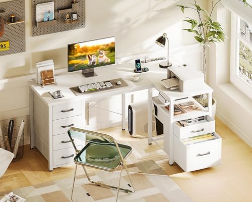 Coleshome 55 Inch L Shaped Office Desk with 6 Drawers, Power Outlet, White
