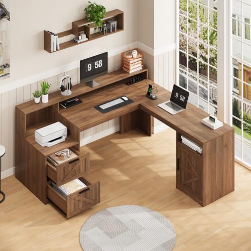 Farmhouse L Shaped Desk with Drawers & Printer Shelf for Home Office