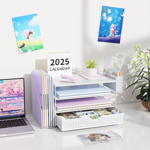 Wood Desk Organizers and Accessories with File Holder, 4-Tier Desk Accessories & Workspace Organizers with Drawer and Pen Holder, Desk Reference Organizer (White, 4T with Drawer)