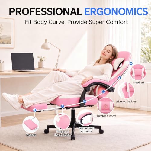 Desk Computer Gaming Chair - High Back Ergonomic Office Chair with Footrest and Lumbar Support, Swivel Comfy Home Gamer Video Game Chairs with Pocket Spring Cushion for Adults (Pink Leather)