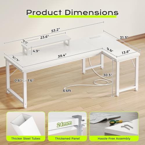 PRAISUN 53" L Shaped Computer Desk, Power Outlets, Monitor Stand, White