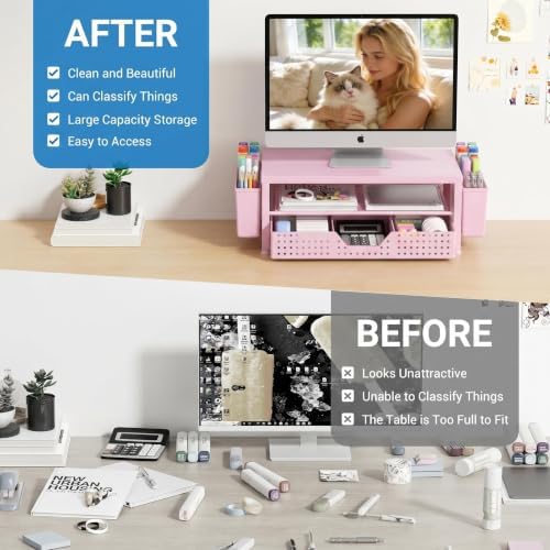 OPNICE Desk Organizers and Accessories, Computer Monitor Stand Riser with Drawer and 2 Pen Holders, Printer & Laptop Stand, Office Desk Accessories & Workspace Organizers for Home Office Supplies, Pink