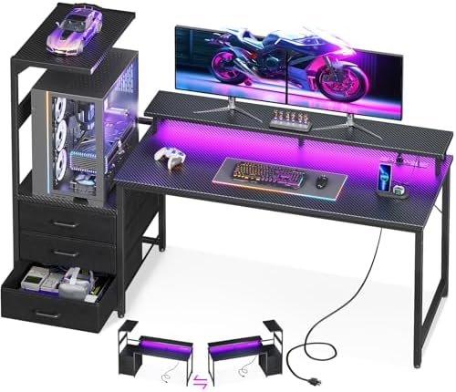 AODK 63 inch Gaming Desk with PC Display Stand, Reversible Steel Wood Computer Desk for Gaming Setup, Tiered Design to Show Off Your PC Tower & Accessories, Black