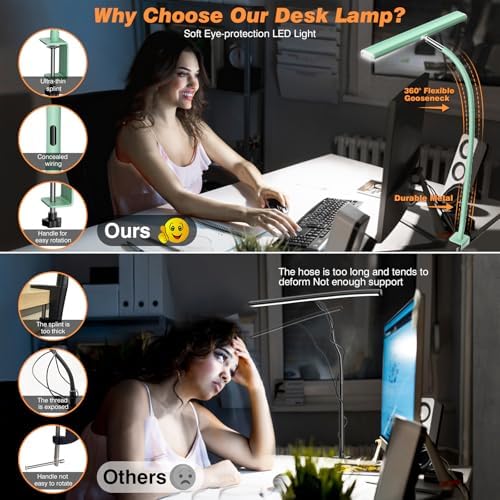 Airlonv LED Desk Lamp with Clamp, 17" Stepless Dimming Light, Mint Green