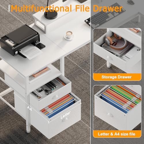 Furologee White 59” L Shaped Desk with Power Outlet, Reversible Computer Desk with File Drawer & 2 Monitor Stands, Corner Home Office Table with Storage Shelves for Gaming Writing