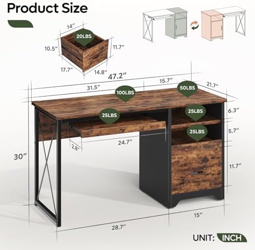 Bestier 47" Computer Desk with Drawers, Home Office Desk with Keyboard Tray, Reversible Industrial Office Desk with Storage Cabinet for Small Space Home Office & Studio, Rustic Brown | Storage Drawer, File Drawer Letter/Legal, Keyboard Tray, Cable Mana...