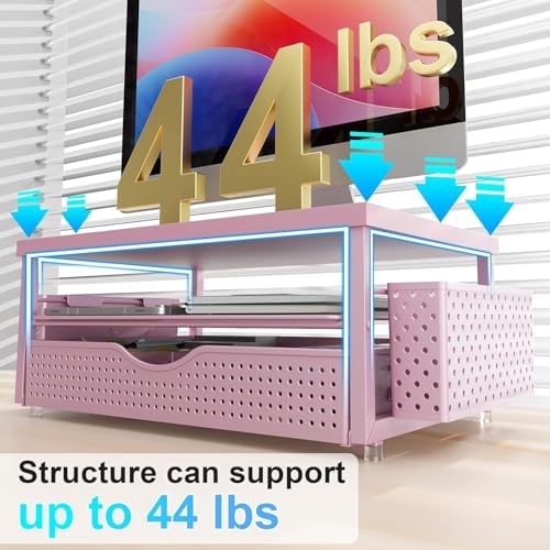 gianotter Desk Organizers and Accessories, Monitor Stand with Drawer and 2 Pen Holder, Desktop Organizer Suitable for Offices and Dormitories (Matte Pink)
