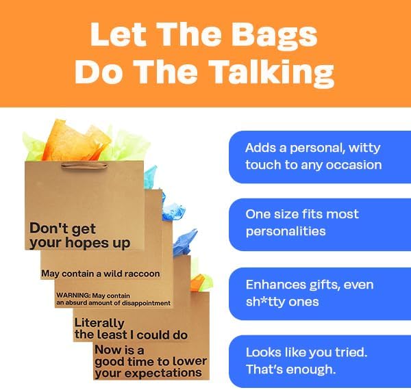 MilkToast Brands Funny Gift Bags Set of 5 – Large 16 x 6 x 12 inch Kraft Gift Bags with Snarky Sayings – Reusable, Eco-Friendly Gag Gift Wrapping for Birthdays, Holidays, Mother's Day, Father's Day