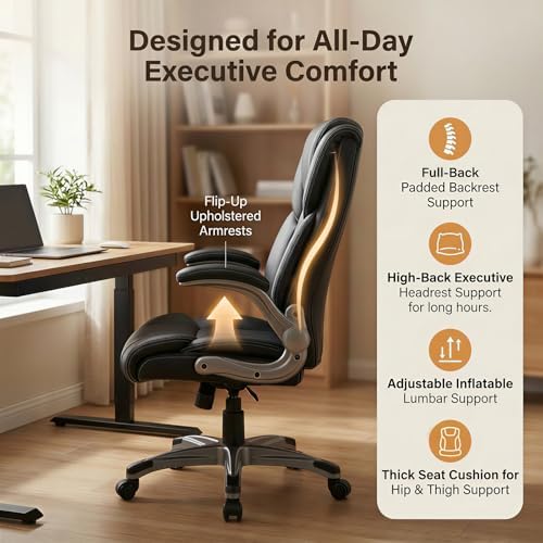 COLAMY Ergonomic Executive Office Chair, High Back Desk Chair with Adjustable Lumbar Support, Flip-Up Armrests & Thick Seat Cushion, 90°–110° Reclining Computer Chair for Home Office