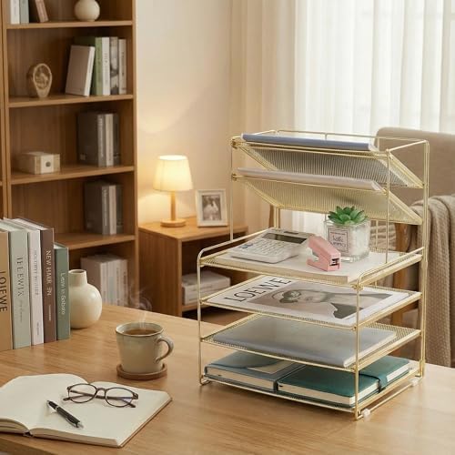 OPNICE Desk Organizer, 6-Tier Paper Organizer Letter Tray, Gold