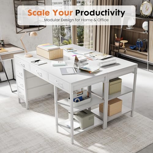 OLIXIS 56 Inch Computer Desk with 6 Fabric Drawers, for Home Office Work