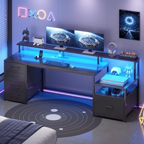 SEDETA Computer Desk with 5 Drawer, Power Outlet, Led Lights, Black