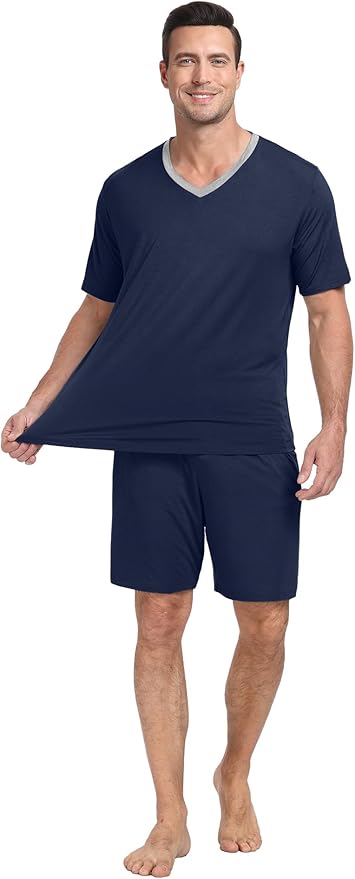 PrinStory Men's Pajama Set Sleepwear Pjs Lightweight Quick Dry Short Sleeve V-Neck Shirts and Shorts Soft Comfy Sleep Sets