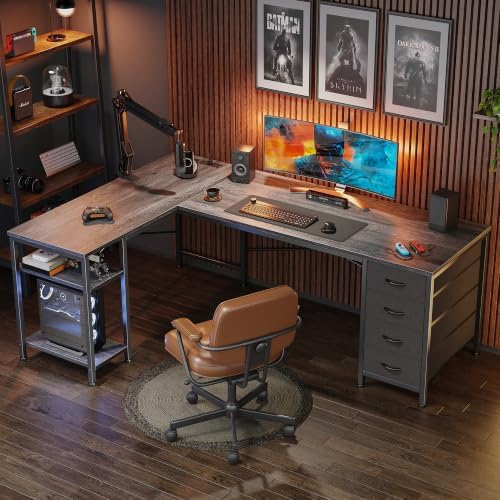 Huuger 55 Inch L Shaped Desk with Fabric Drawers, Reversible Computer Gaming Desk with Power Outlets and USB-C Port, Adjustable Side Storage Shelves, for Work Study Corner Home Office, Grey,1CD078H