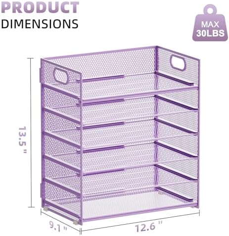 Marbrasse 6 Tier Paper Organizer Letter Tray - Mesh Desk File Organizer with Handle, Paper Sorter for Letter/A4 Office File Folder Holder - Purple