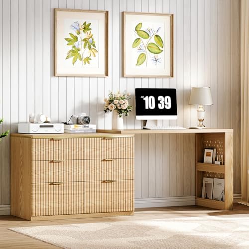 Computer Desk with 6 Drawers, 78" Modern Writing Desk with 0.98" Thickened Desktop & Storage Shelves, Adjustable direction & Extendable Executive Office Desk Study Table for Home Office, Natural Wood