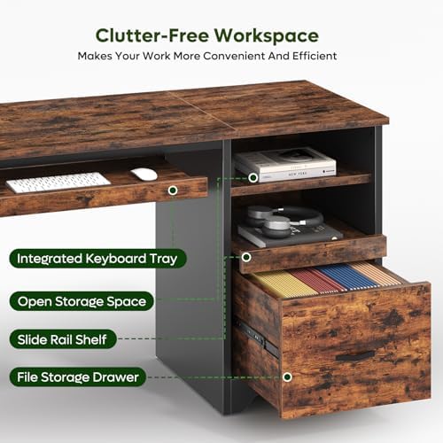 Bestier 47" Computer Desk with Drawers, Home Office Desk with Keyboard Tray, Reversible Industrial Office Desk with Storage Cabinet for Small Space Home Office & Studio, Rustic Brown | Storage Drawer, File Drawer Letter/Legal, Keyboard Tray, Cable Mana...