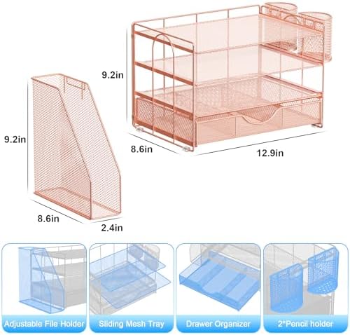 gianotter Desk Organizers and Accessories with File Holder, 4-Tier Desk Accessories & Workspace Organizers with Drawer and 2 Pen Holder, Paper Organizer for Office Supplies (Rose Gold)
