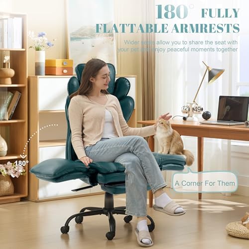 Flip Armrests Criss Cross Office Chair, Reclining Office Chair with Foot Rest, Adjustable Headrest, Massage Waist Pillow, Cross Legged Big and Tall Desk Chair Wide Seat Vanity Chair, Green PU Leather