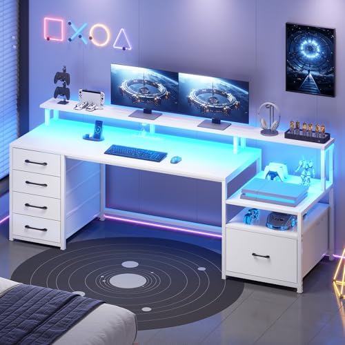 SEDETA Computer Desk with 5 Drawer, Power Outlet, Led Lights, White
